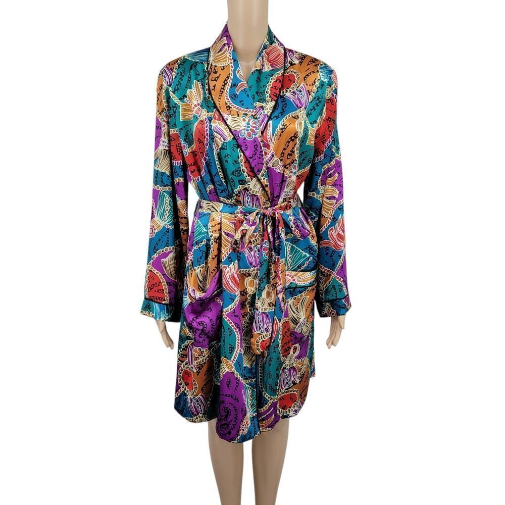 Beth Michaels Vintage Colorful Satin Robe with Tassel Motif